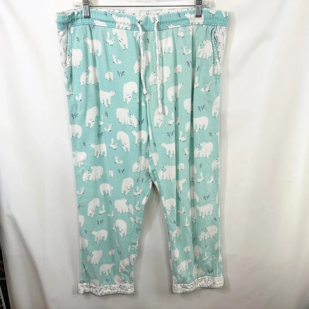 Munki‎ Munki Large Pajama Set Flannel Polar Bear Blue Womens Novelty Holiday 528